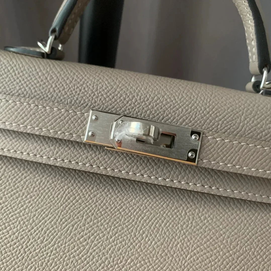 Hermes Kelly Mini Top Handle Bag / Light Grey Epsom Palladium Hardware