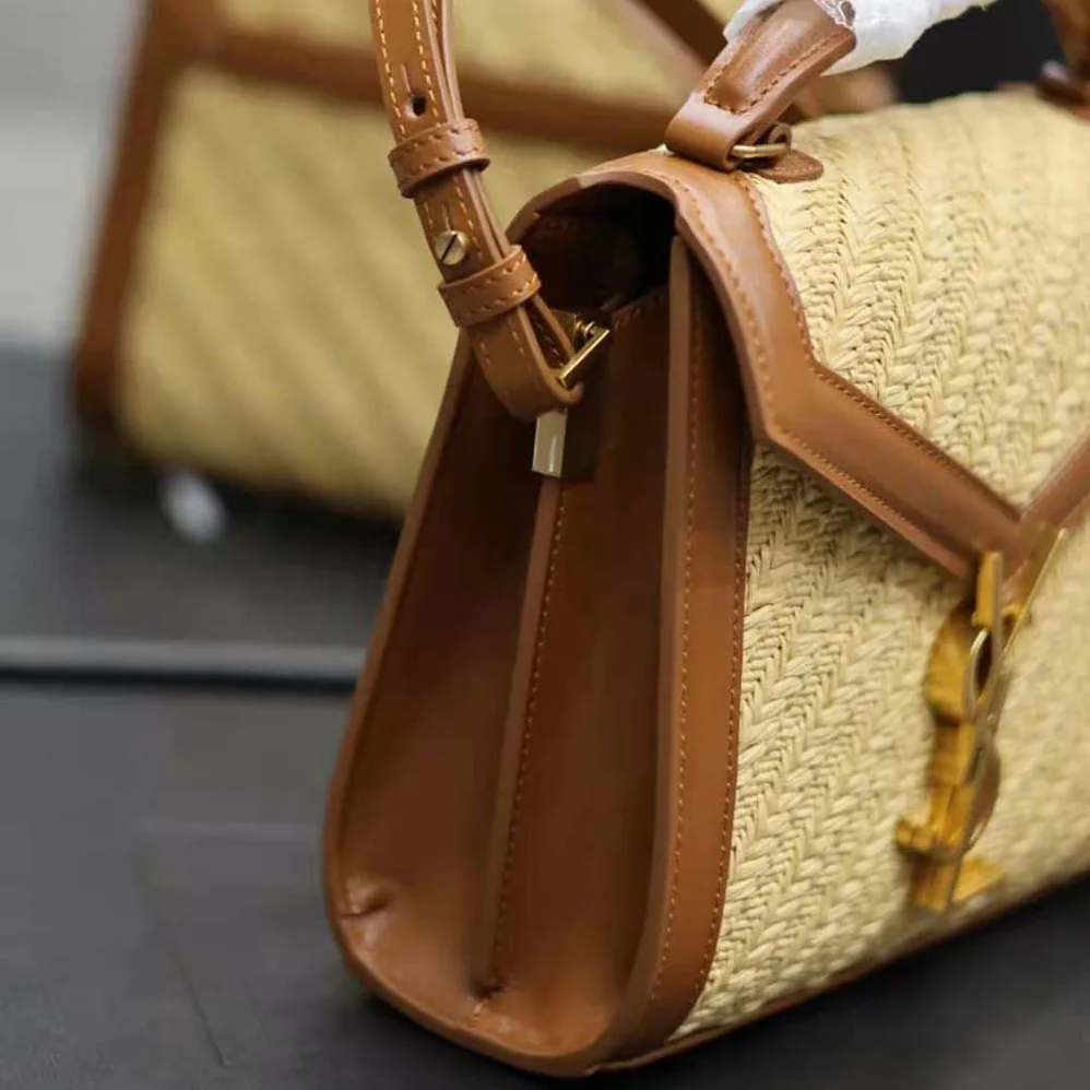 Saint Laurent YSL Cassandra Mini Top Handle Bag in Raffia and Vegetable for Women in tanned Leather Saint Laurent YSL Cassandra Mini Top Handle Bag in Raffia and Vegetable for Women in tanned Leather