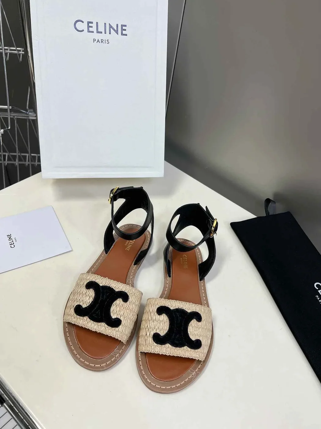 Celine Lympia Flat Strap Sandal In Raffia Black .02BL Celine Lympia Flat Strap Sandal In Raffia Black .02BL