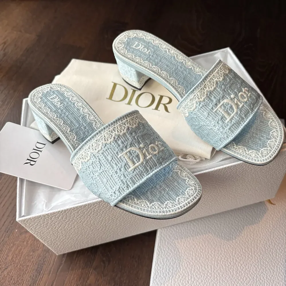 Dior Dentelle Heeled Slide Sky Blue Dior Oblique Embroidered Cotton and White Lace for Women Dior Dentelle Heeled Slide Sky Blue Dior Oblique Embroidered Cotton and White Lace for Women