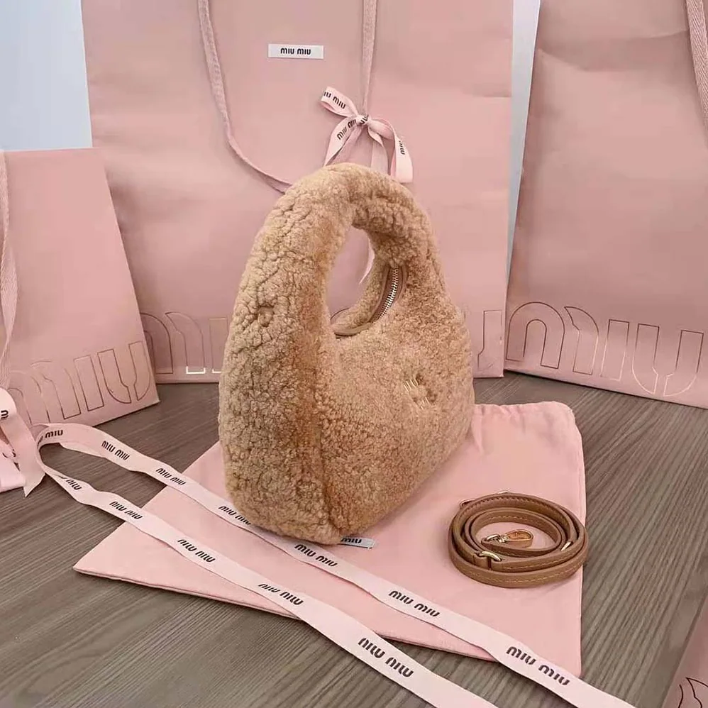 Miu Miu Wander Shearling Hobo Bag with Leather Details for Women in Sandy