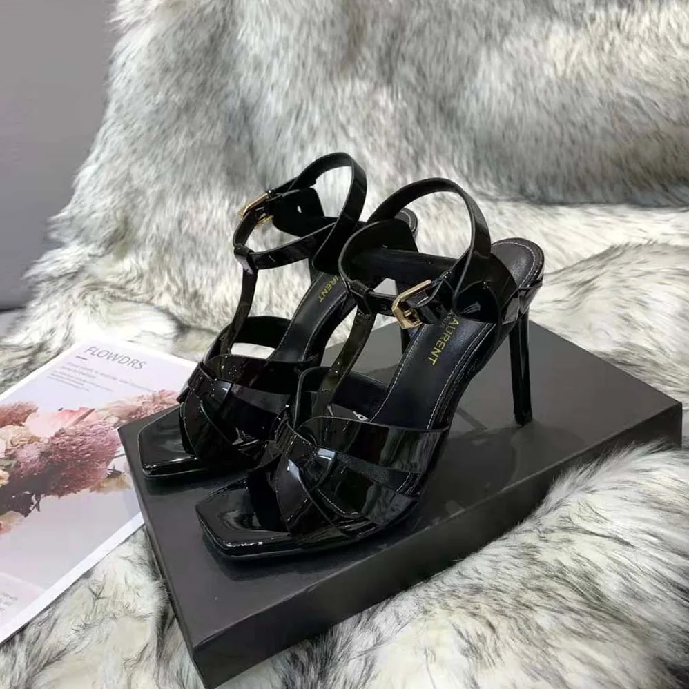 Saint Laurent YSL Tribute Sandals in Patent Leather in 105mm Heel Hight for Women in Black