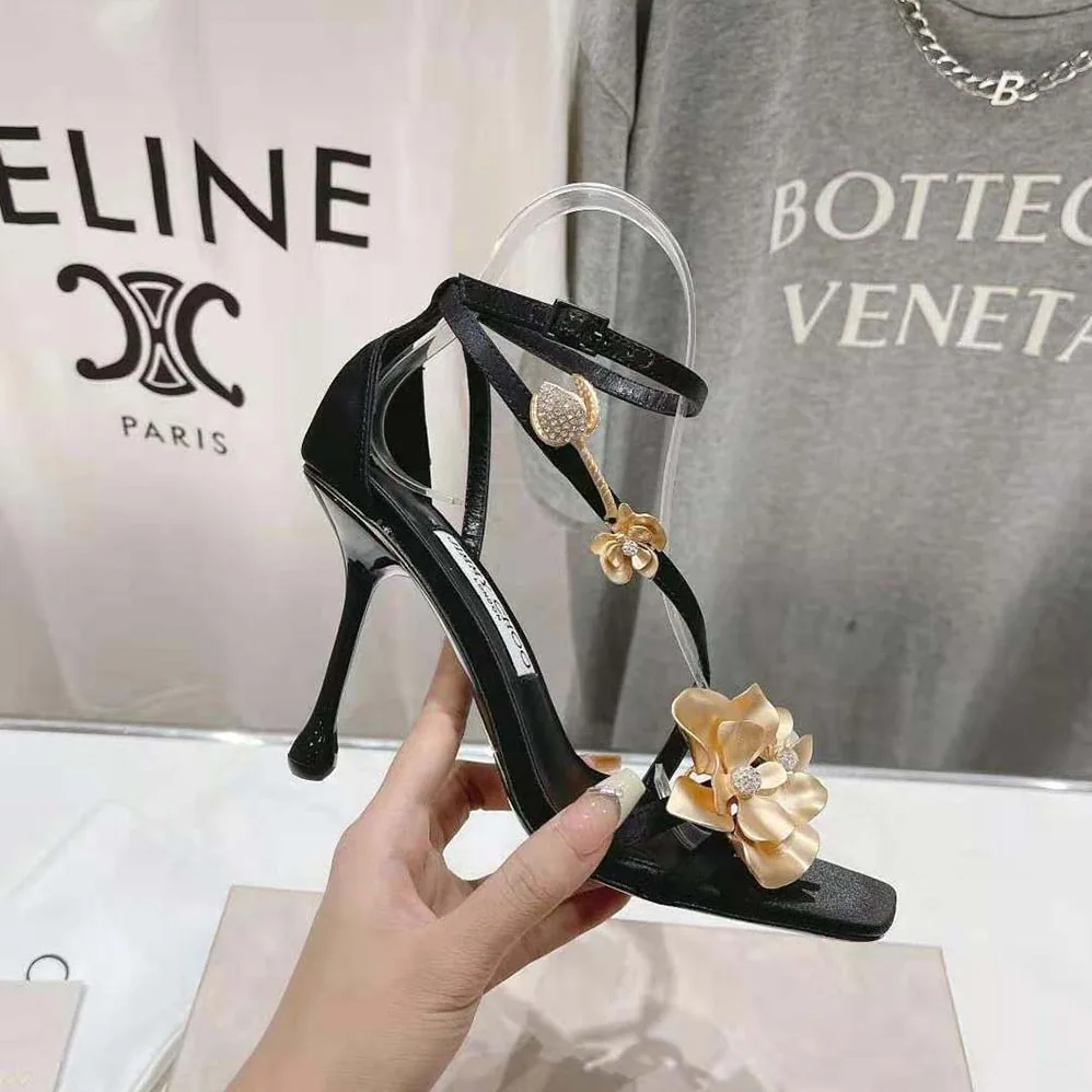 Jimmy Choo Zea 95 Black Satin Sandals with Metal Flowers-ZEA95BGU for Women Jimmy Choo Zea 95 Black Satin Sandals with Metal Flowers-ZEA95BGU for Women