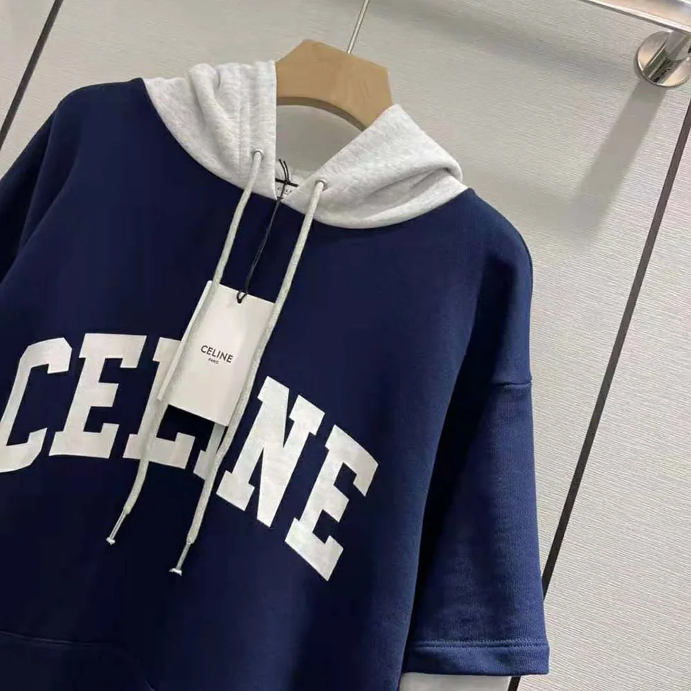 Celine Two-Tone Hoodie in Cotton Fleece for Women in Navy