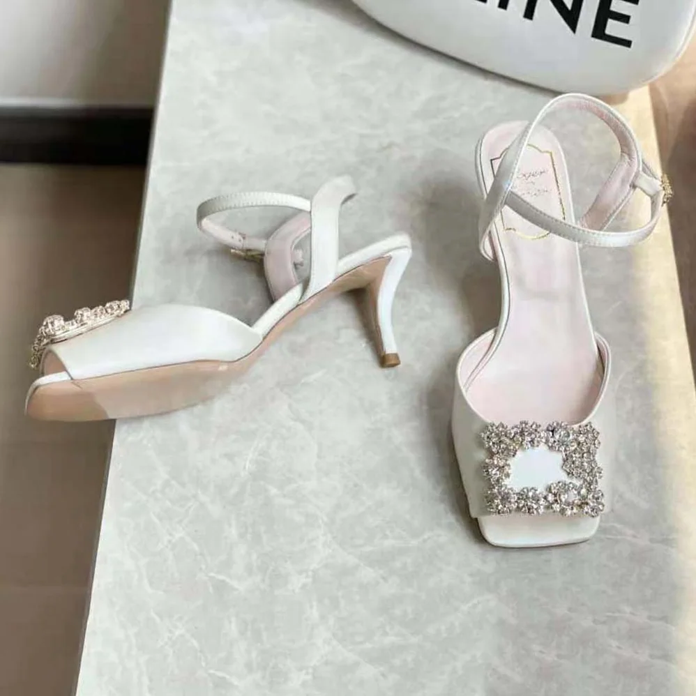 Roger Vivier Flower Strass Buckle Sandals in Satin for Women in White Roger Vivier Flower Strass Buckle Sandals in Satin for Women in White