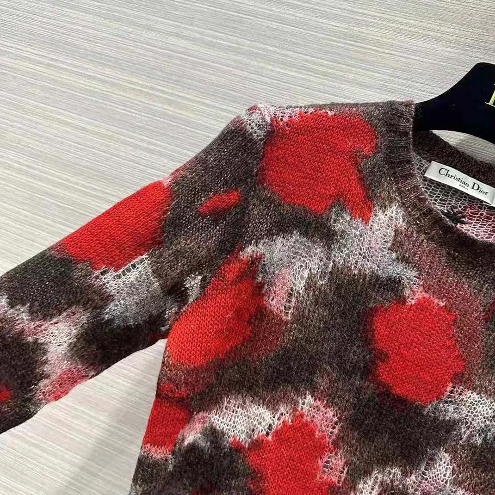 Dior Sweater Red Multicolor Technical Cashmere Mohair and Wool Knit with Dior Roses Motif for Men Dior Sweater Red Multicolor Technical Cashmere Mohair and Wool Knit with Dior Roses Motif for Men