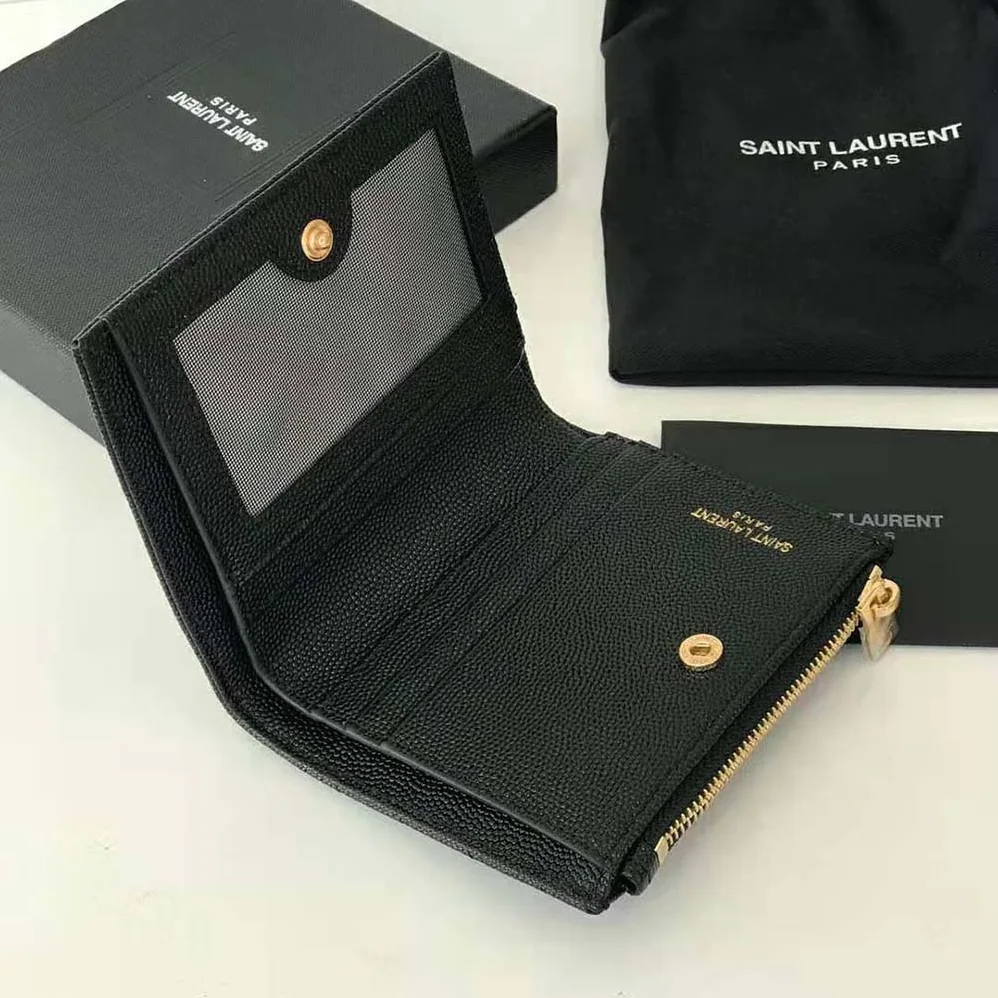 Saint Laurent YSL Monogram Zipped Card Case in Grain DE Poudre Embossed Leather for Women