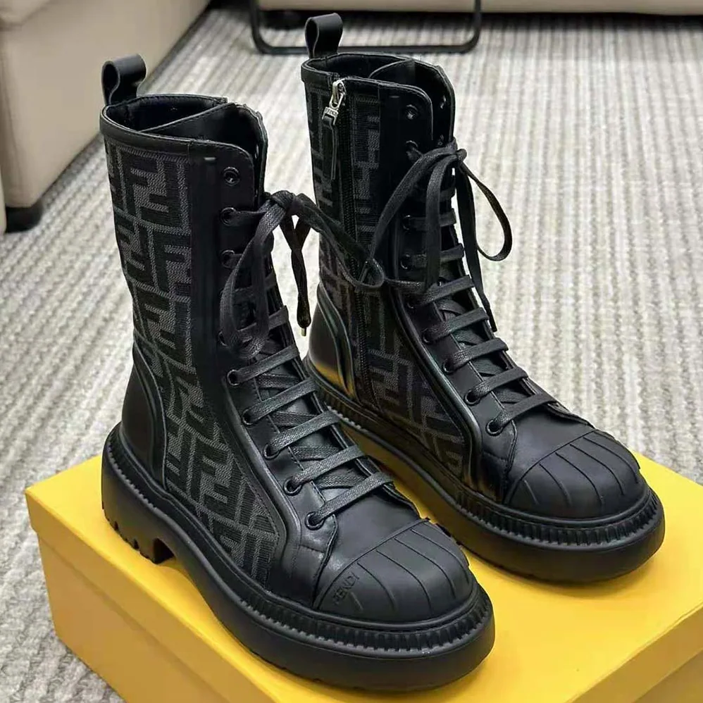 Fendi Domino Black Leather Biker Boots for Women