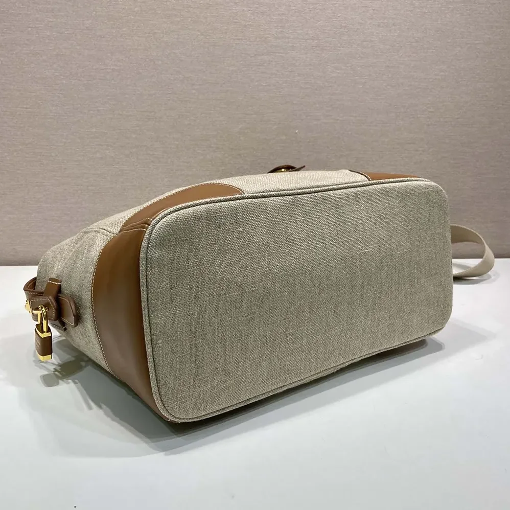 Prada Large Linen And Leather Tote Bag for Women in Rope/Natural Prada Large Linen And Leather Tote Bag for Women in Rope/Natural