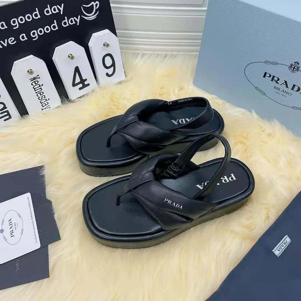 Prada Nappa Leather Thong Flatform Sandals for Women in Black