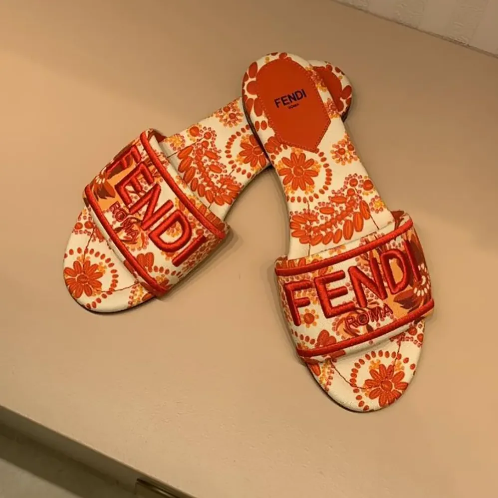 Fendi Sunshine Red and Camelia Canvas Slides for Women