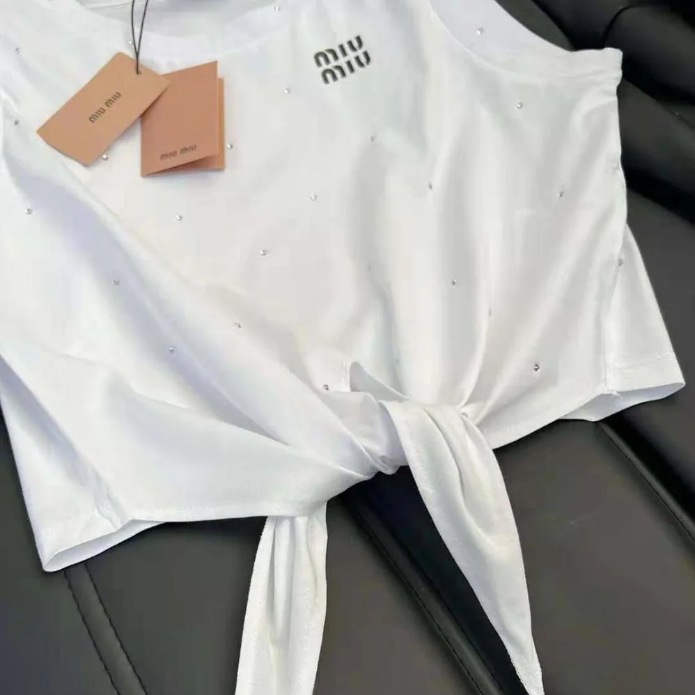 Miu Miu Cotton Top with Crystals with Embroidered Logo for Women in White Miu Miu Cotton Top with Crystals with Embroidered Logo for Women in White