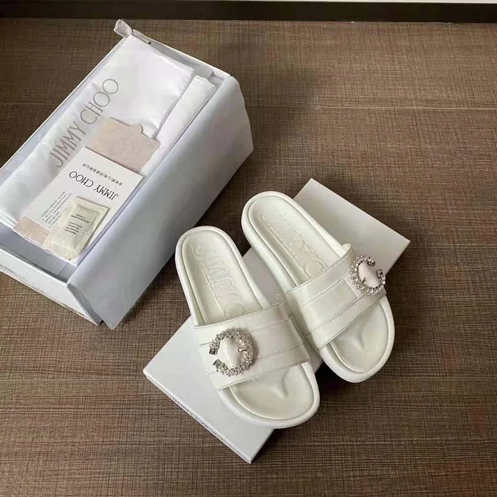 Jimmy Choo Fallon White Nappa Leather Slides with Crystal Buckle for Women Jimmy Choo Fallon White Nappa Leather Slides with Crystal Buckle for Women