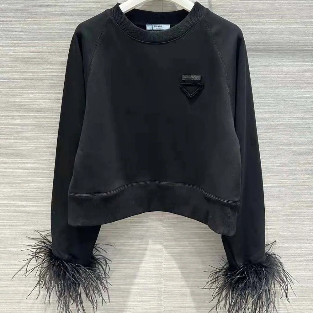 Prada Crew-neck Sweatshirt with Feather Trim for Women in Black