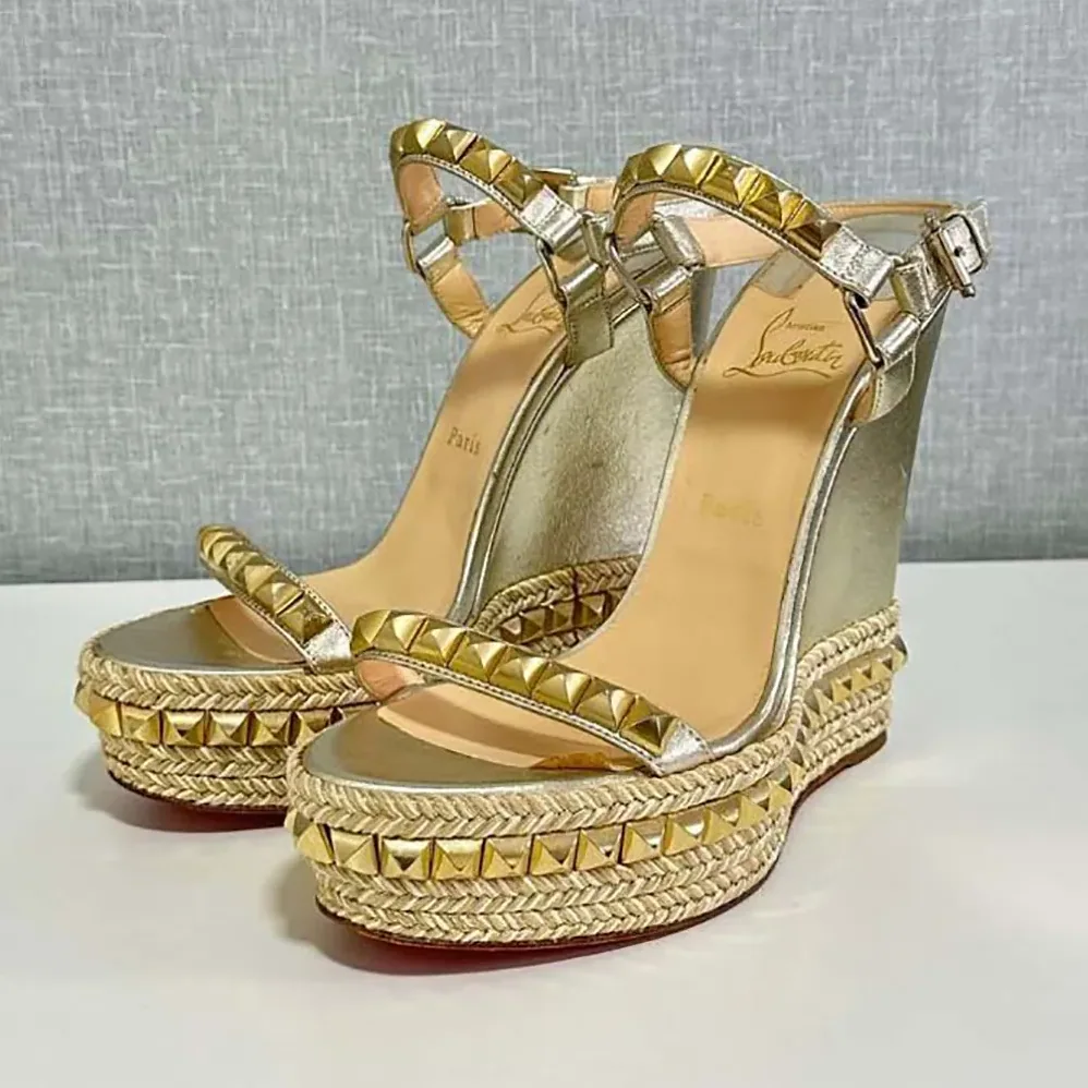 Christian Louboutin Platine Leather Calf Leather/Studded Cataclou 140 Platform Espadrille for Women Christian Louboutin Platine Leather Calf Leather/Studded Cataclou 140 Platform Espadrille for Women