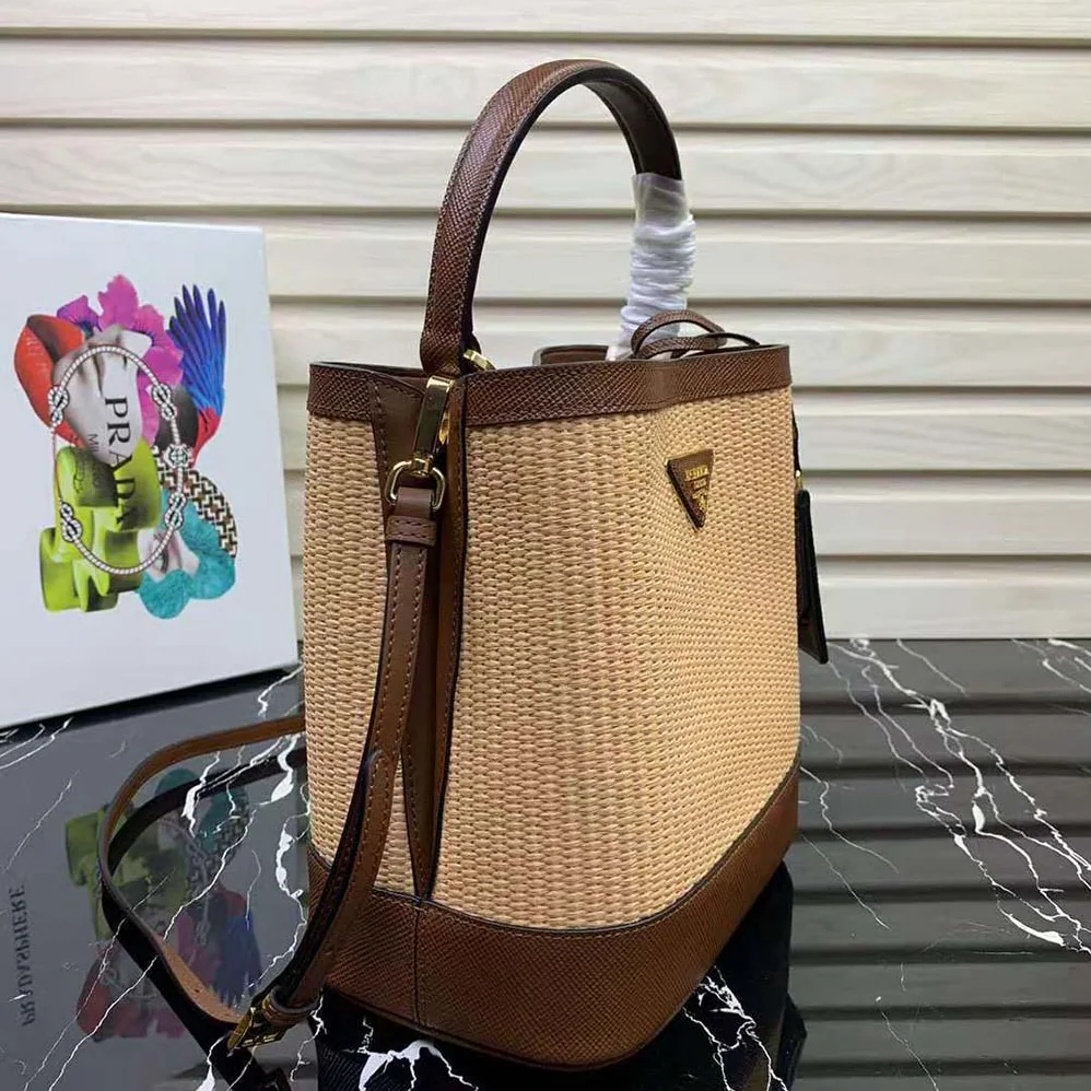 Prada Prada Panier Medium Straw Bag for Women in Brown Prada Prada Panier Medium Straw Bag for Women in Brown