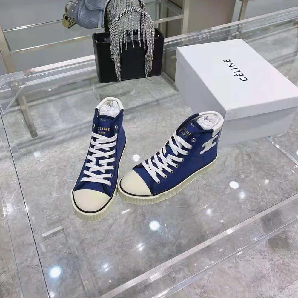 Celine Blank Mid Lace up Sneaker with Toe Cap in Canvas and Calfskin for Women Celine Blank Mid Lace up Sneaker with Toe Cap in Canvas and Calfskin for Women