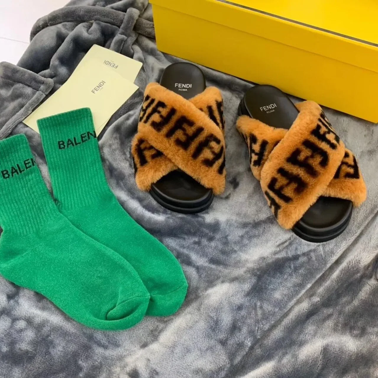 Fendi Shearling FF Logo Leather & Dyed Shearling Fur Cross Slides Fall/Winter 2019 Collection, Black in Brown Fendi Shearling FF Logo Leather & Dyed Shearling Fur Cross Slides Fall/Winter 2019 Collection, Black in Brown