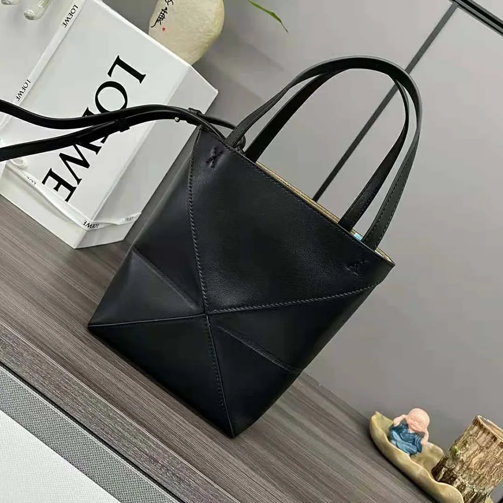 Loewe Mini Puzzle Fold Tote in Shiny Calfskin for Unisex in Black