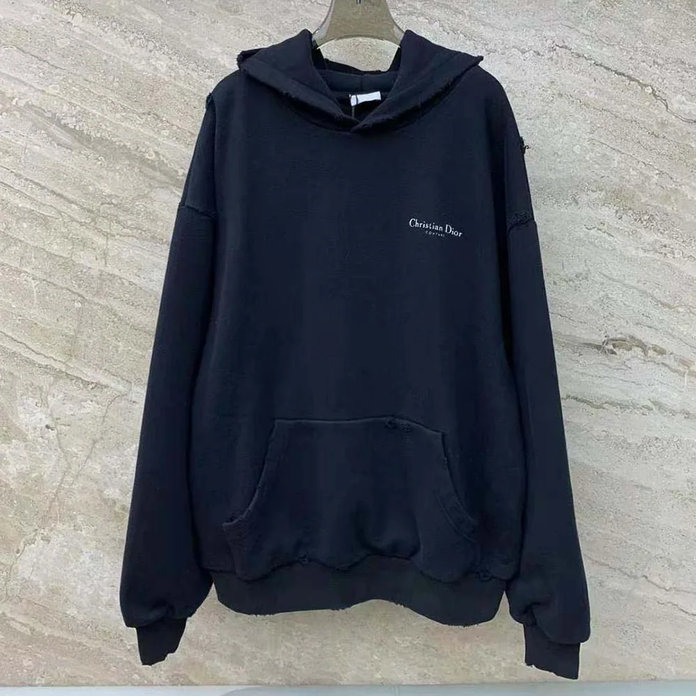 Dior Christian Dior Couture Hooded Sweatshirt Black Cotton Fleece with Dévoré Effect for Women Dior Christian Dior Couture Hooded Sweatshirt Black Cotton Fleece with Dévoré Effect for Women