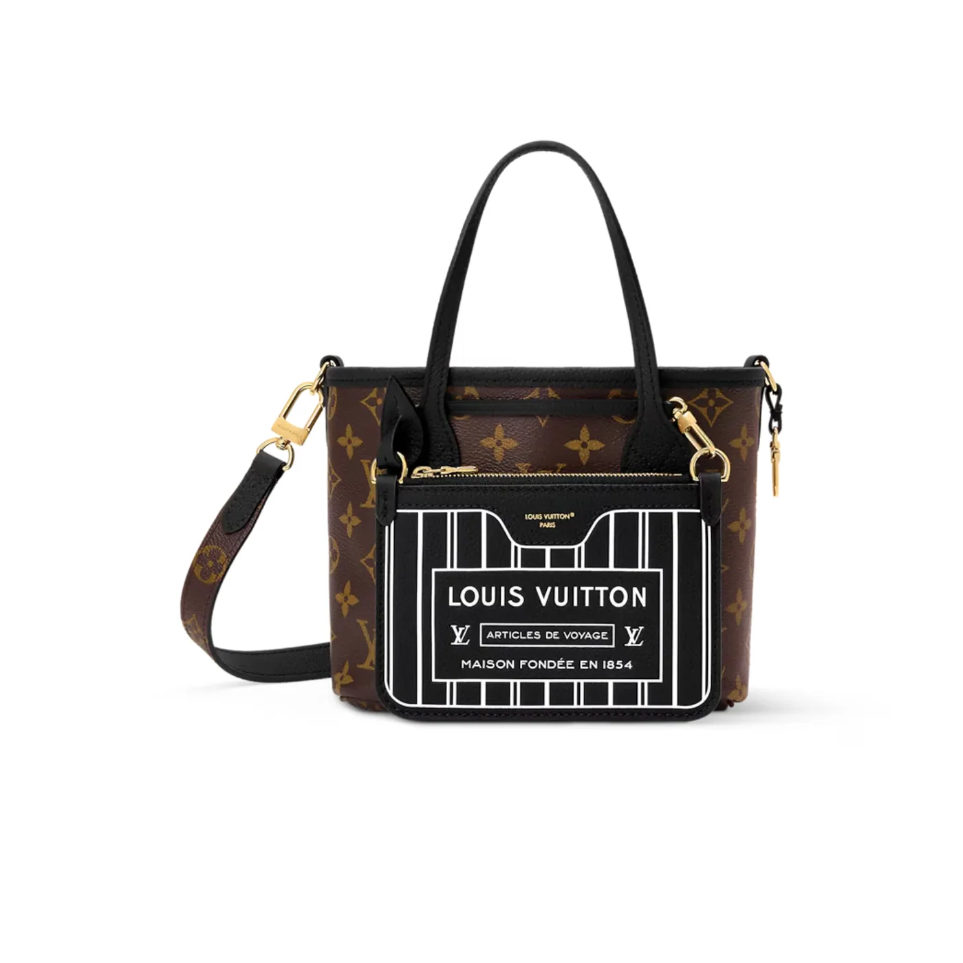 Louis Vuitton Neverfull Bandouliere Inside Out BB Tote Bag in Black Gold Hardware