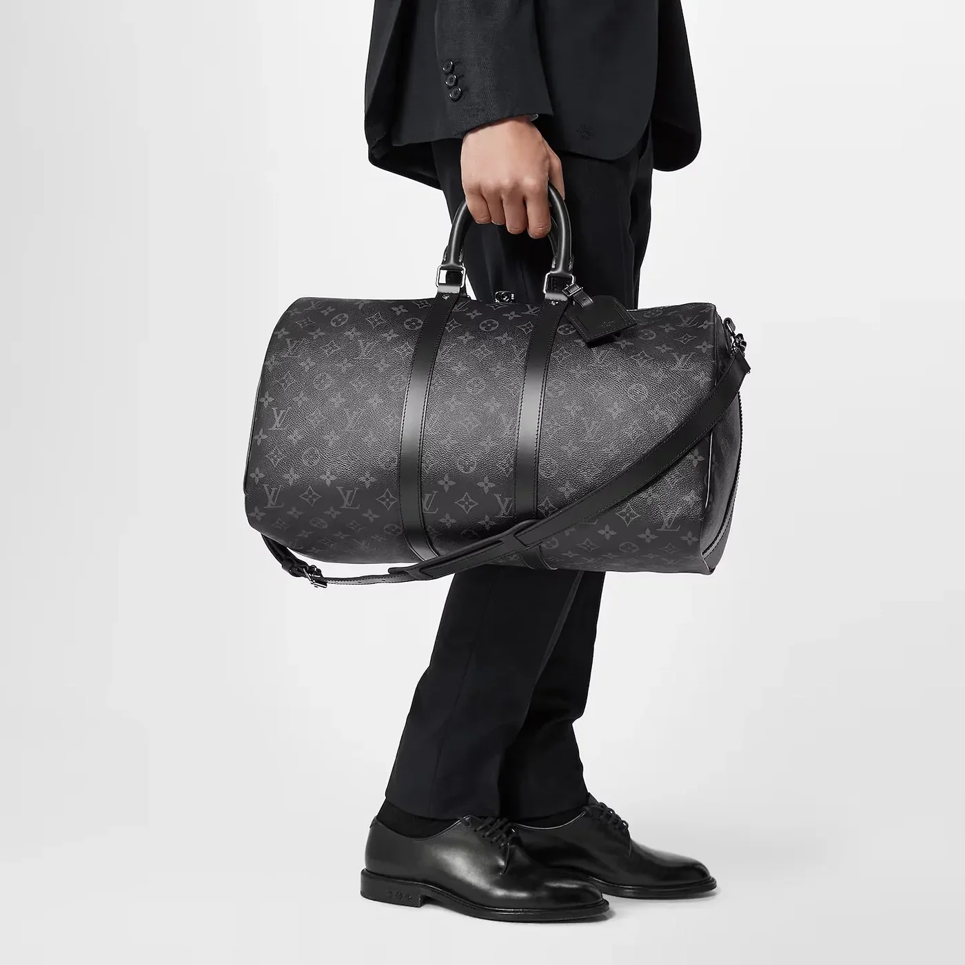 Louis Vuitton Keepall Bandouliere 45 Travel Bag / Black Monogram Eclipse Silver Hardware Louis Vuitton Keepall Bandouliere 45 Travel Bag / Black Monogram Eclipse Silver Hardware