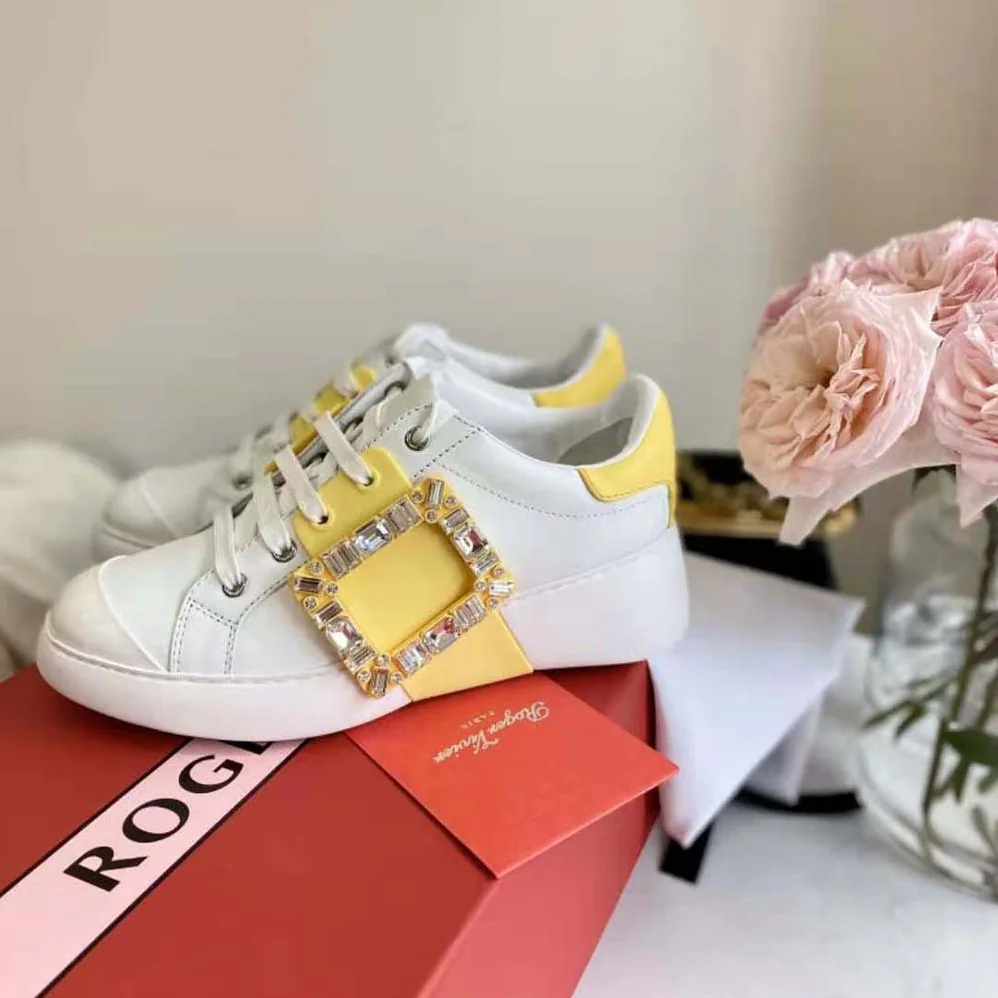 Roger Vivier Viv Skate Strass Buckle Sneakers in Soft Leather for Women in Yellow