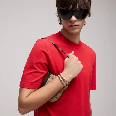 Gucci Leather Double Bracelet With Gucci Script White Tubular
