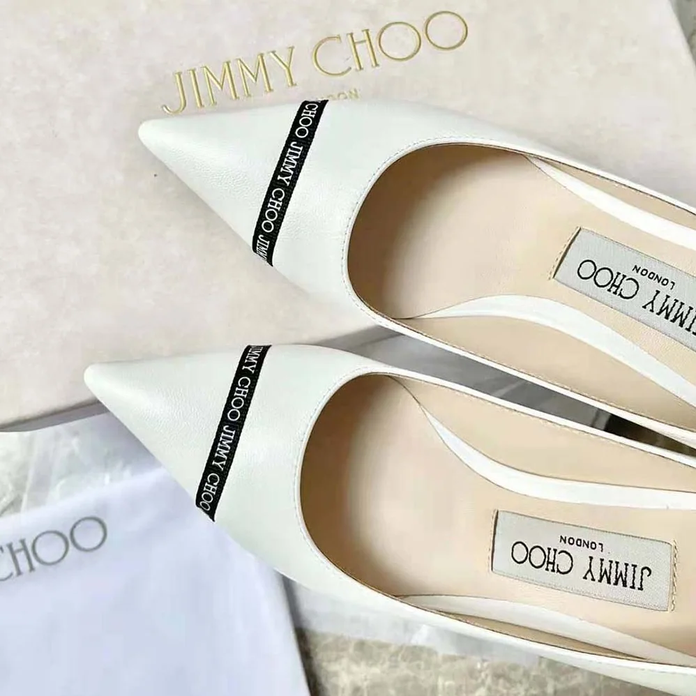 Jimmy Choo RENE 65 Latte Nappa Leather Pointed Pumps with Logo for Women in Woven Ribbon