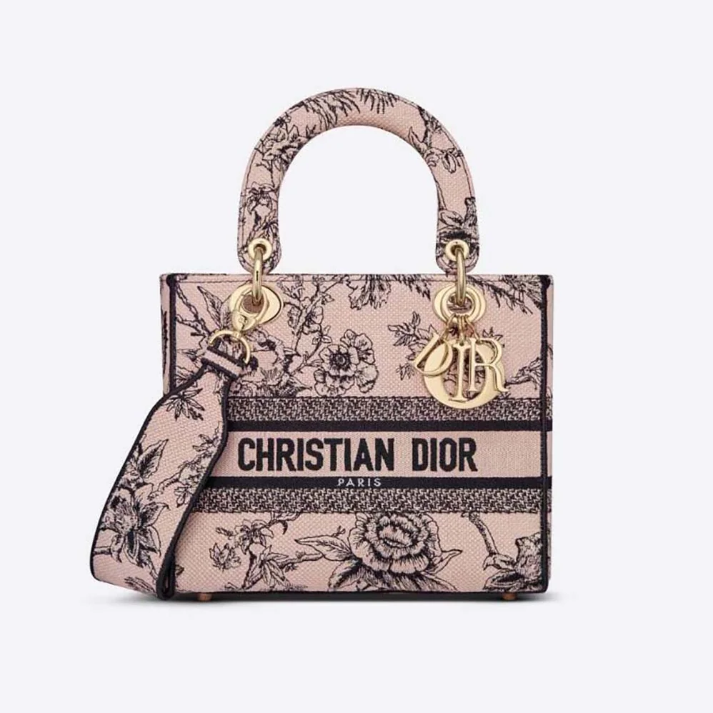 Dior Medium Lady D-lite Bag Powder Pink Dior Jardin Botanique Embroidery for Women