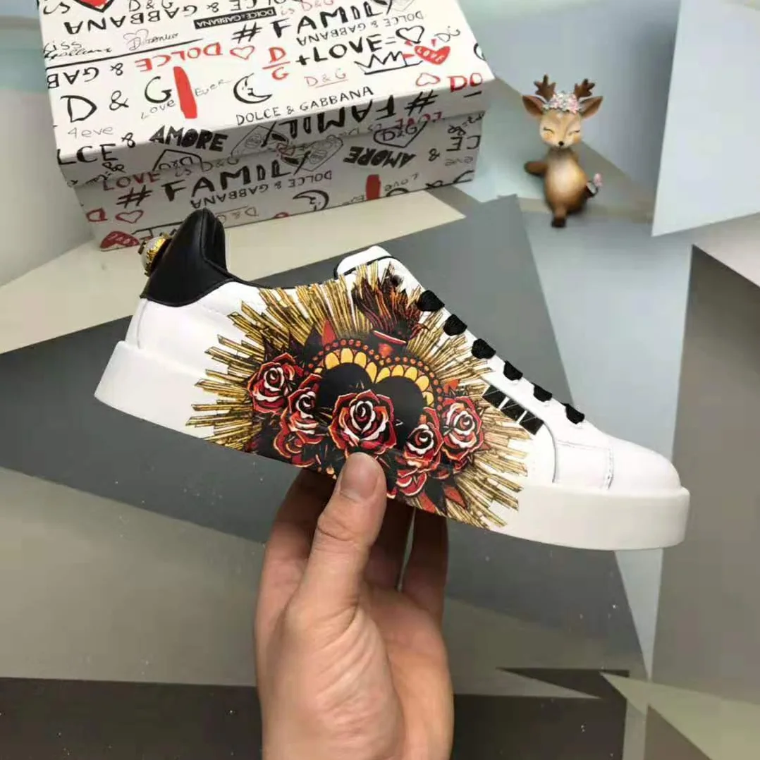 Dolce Gabbana D&G Printed Calfskin Portofino Sneakers in White for Men Dolce Gabbana D&G Printed Calfskin Portofino Sneakers in White for Men