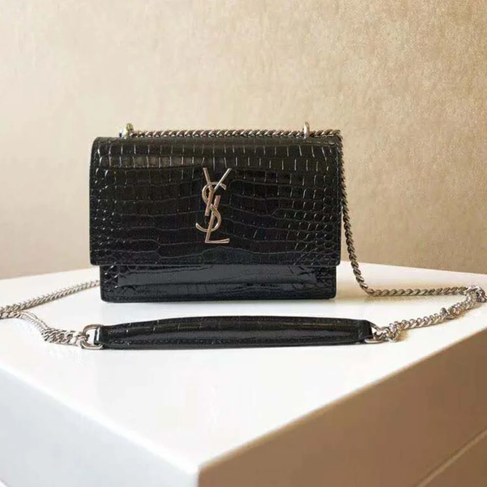 Saint Laurent YSL Sunset Small Supple Crocodile Embossed for Women in Black Saint Laurent YSL Sunset Small Supple Crocodile Embossed for Women in Black