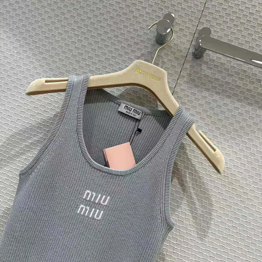 Miu Miu Cotton Knit Tank Top for Women in Silver