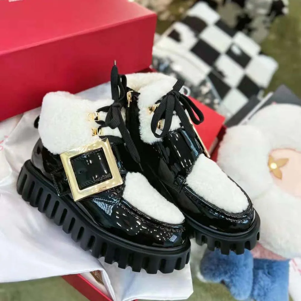 Roger Vivier Viv' Go-Thick Metal Buckle Fur Ankle Boots in Patent Leather for Women Roger Vivier Viv' Go-Thick Metal Buckle Fur Ankle Boots in Patent Leather for Women
