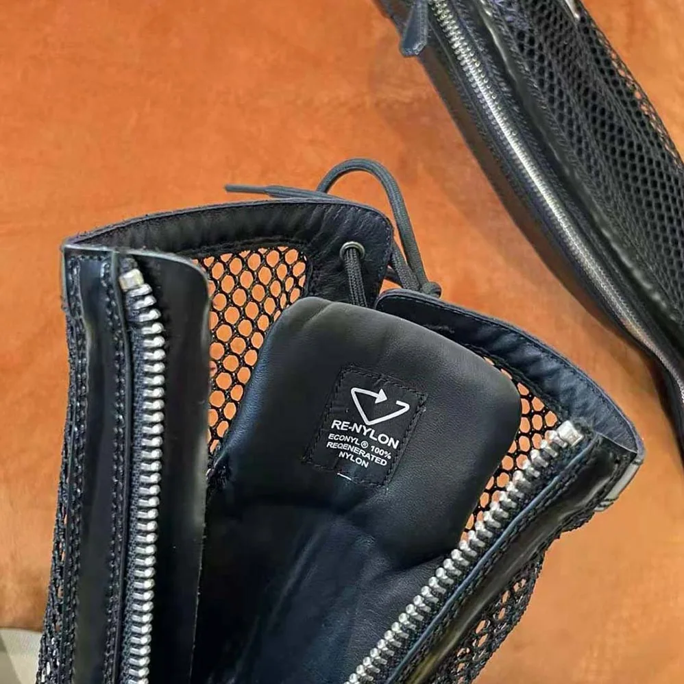 Prada Brushed Leather and Mesh Boots for Women in Black