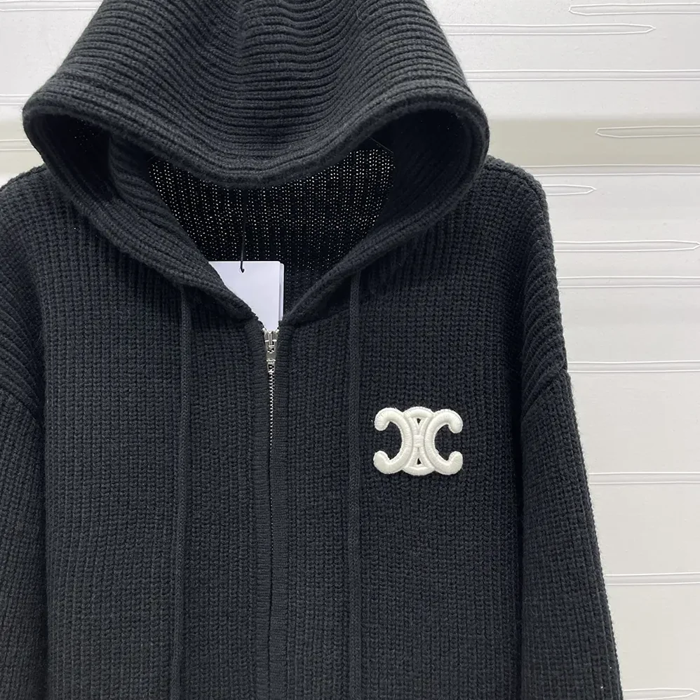 Celine Hooded Cardigan in Ribbed Wool for Women in Black
