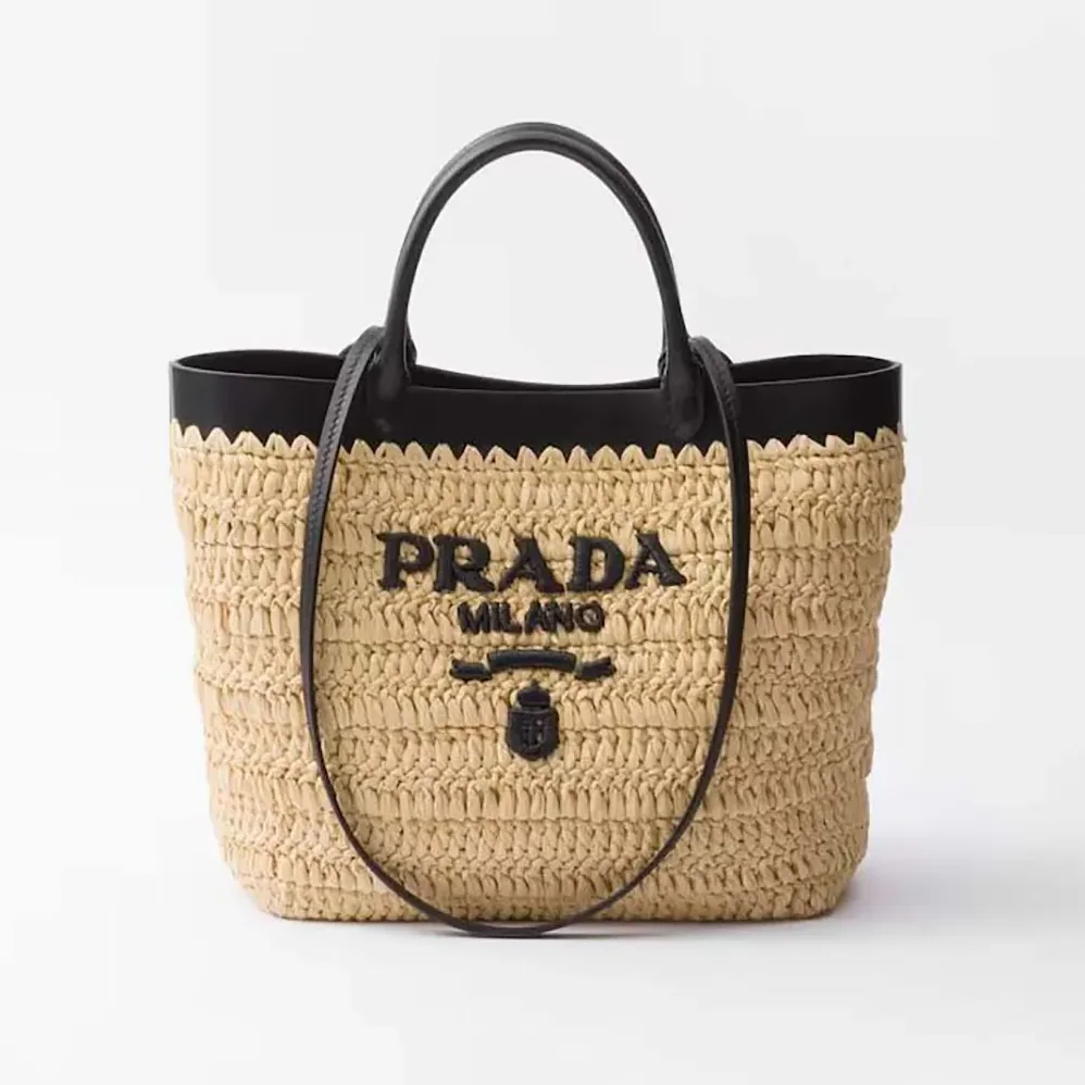 Prada Small Crochet and Leather Tote Bag for Women Prada Small Crochet and Leather Tote Bag for Women