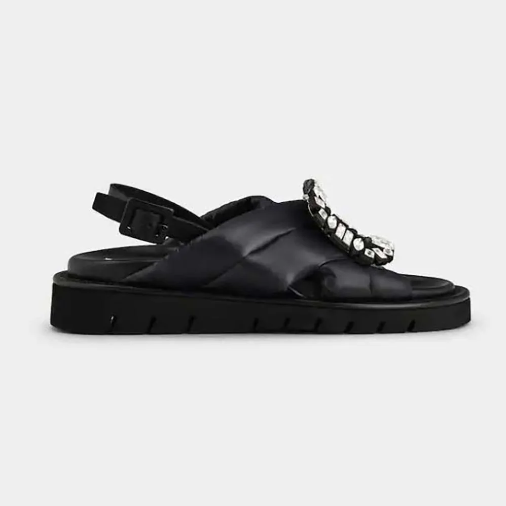 Roger Vivier Viv Winter Puffy Strass Buckle Sandals in Fabric for Women in Black Roger Vivier Viv Winter Puffy Strass Buckle Sandals in Fabric for Women in Black