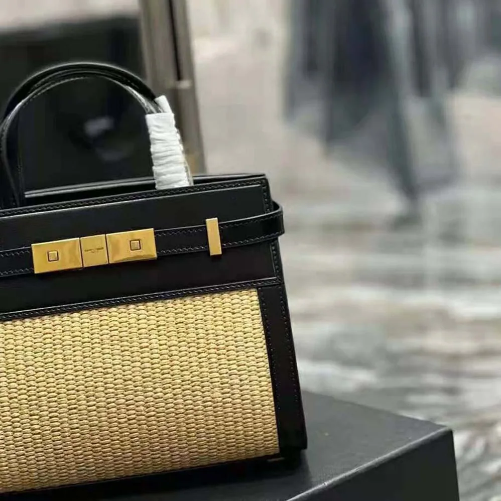 Saint Laurent YSL Manhattan Nano Shopping Bag in Raffia and Smooth Leather for Women in Black