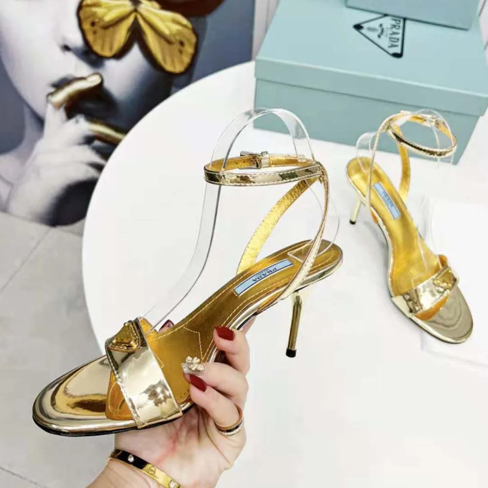 Prada Metallic Leather Sandals for Women in Gold