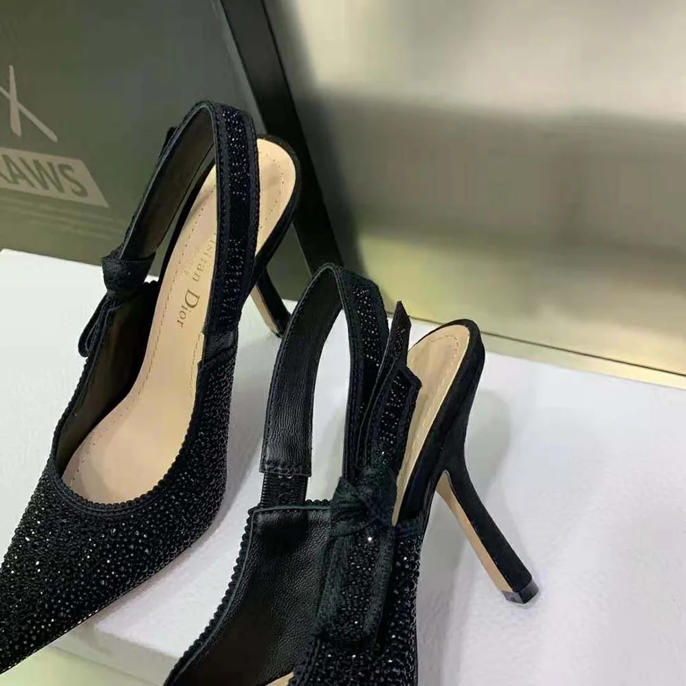 Dior J'Adior Slingback Pump Black Cotton Embroidered with Strass for Women Dior J'Adior Slingback Pump Black Cotton Embroidered with Strass for Women