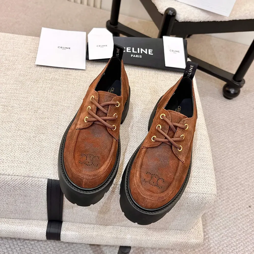 Celine Triomphe Derbies in Waxed Suede Calfskin for Women in Brown