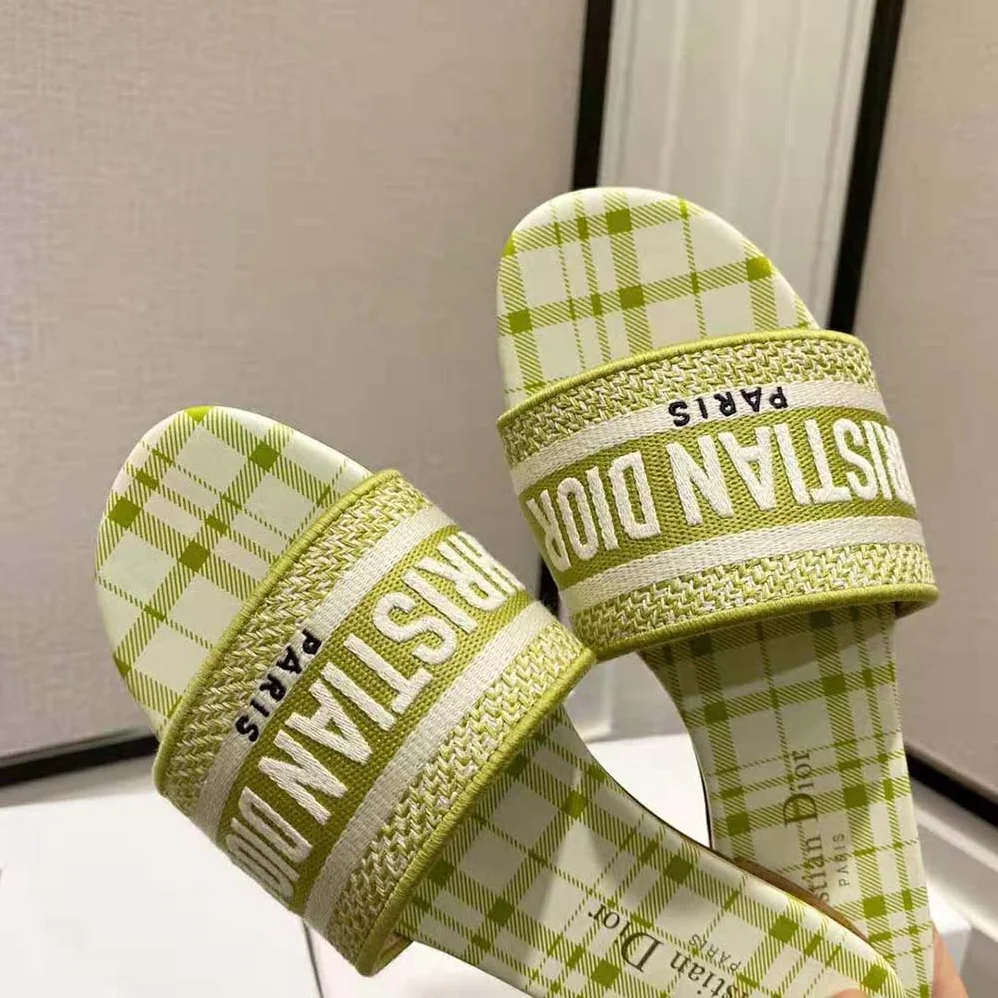 Dior Dway Slide Lime Check n Dior Embroidered Cotton for Women