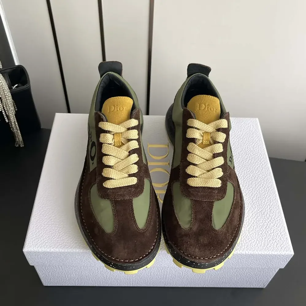 Dior Squash Sneaker Brown and Yellow Suede Calfskin with Green Technical Fabric for Unisex Dior Squash Sneaker Brown and Yellow Suede Calfskin with Green Technical Fabric for Unisex