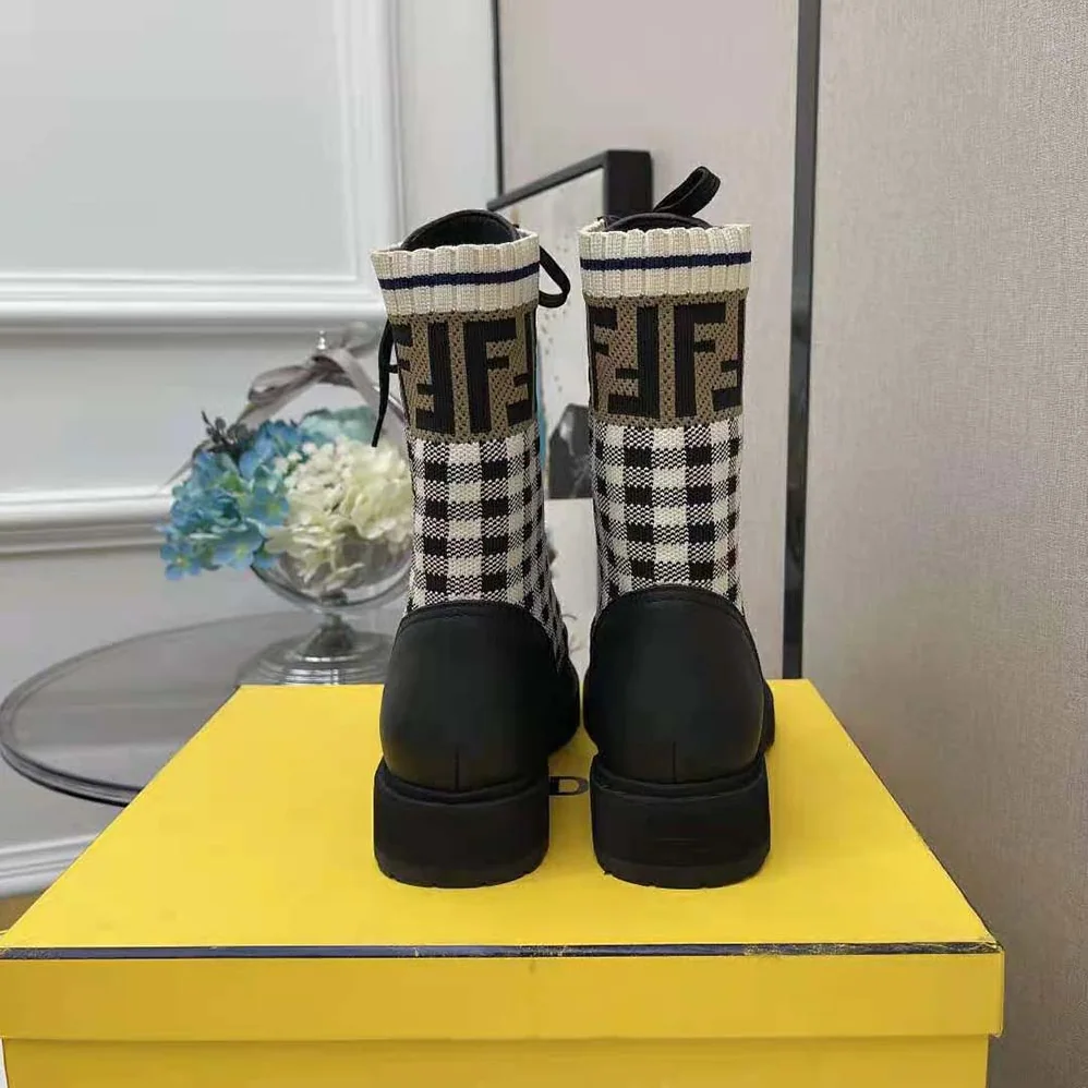 Fendi Rockoko Black Leather Biker Boots with Stretch Fabric for Women