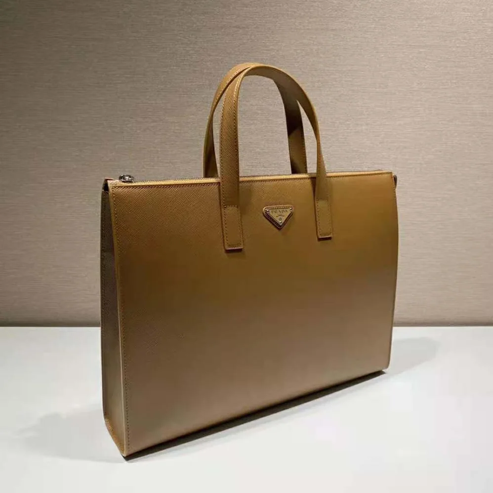 Prada Saffiano Leather Tote with a Crosshatch Pattern and Wax Finish for Men in Brown