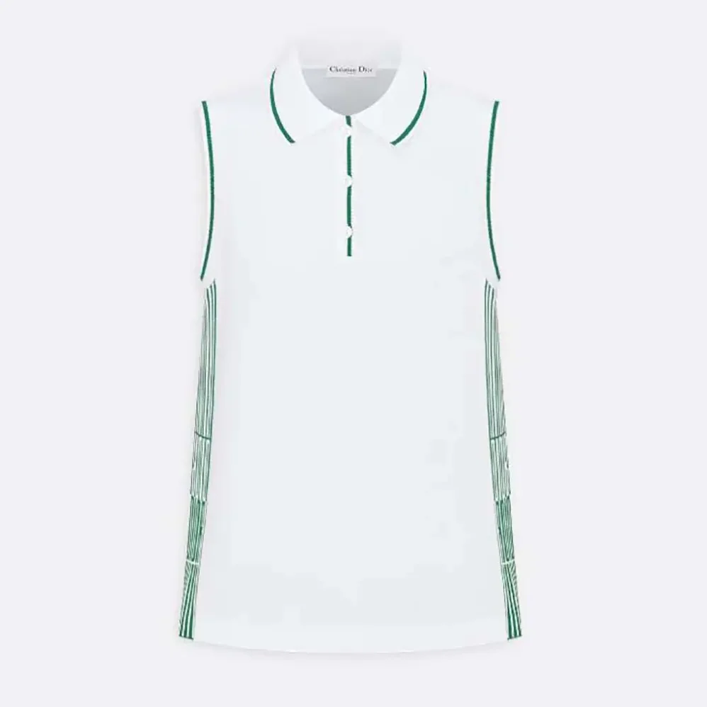 Dior Vibe Sleeveless Polo Shirt White Cotton Jersey with Pine Green Dior Graphique Motif for Women Dior Vibe Sleeveless Polo Shirt White Cotton Jersey with Pine Green Dior Graphique Motif for Women