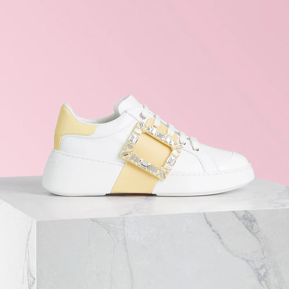 Roger Vivier Viv Skate Strass Buckle Sneakers in Soft Leather for Women in Yellow