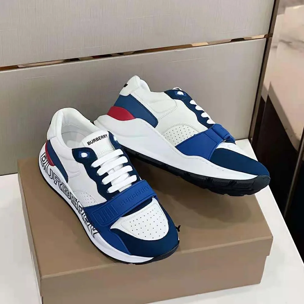 Burberry Logo Print Leather Sneakers for Men in Blue Burberry Logo Print Leather Sneakers for Men in Blue
