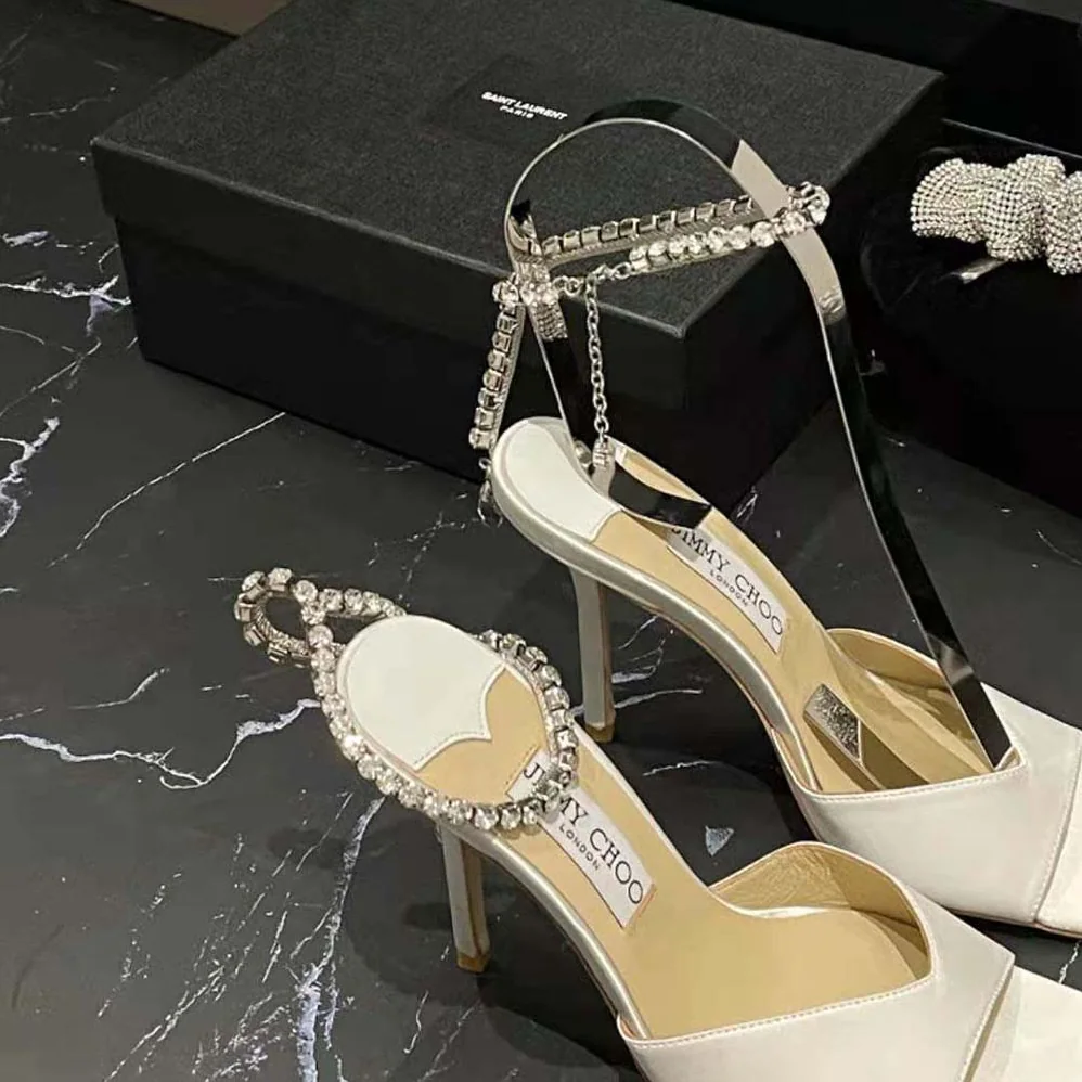 Jimmy Choo Saeda Sandal 100 Ivory Satin Sandals with Crystal Embellishment for Women Jimmy Choo Saeda Sandal 100 Ivory Satin Sandals with Crystal Embellishment for Women